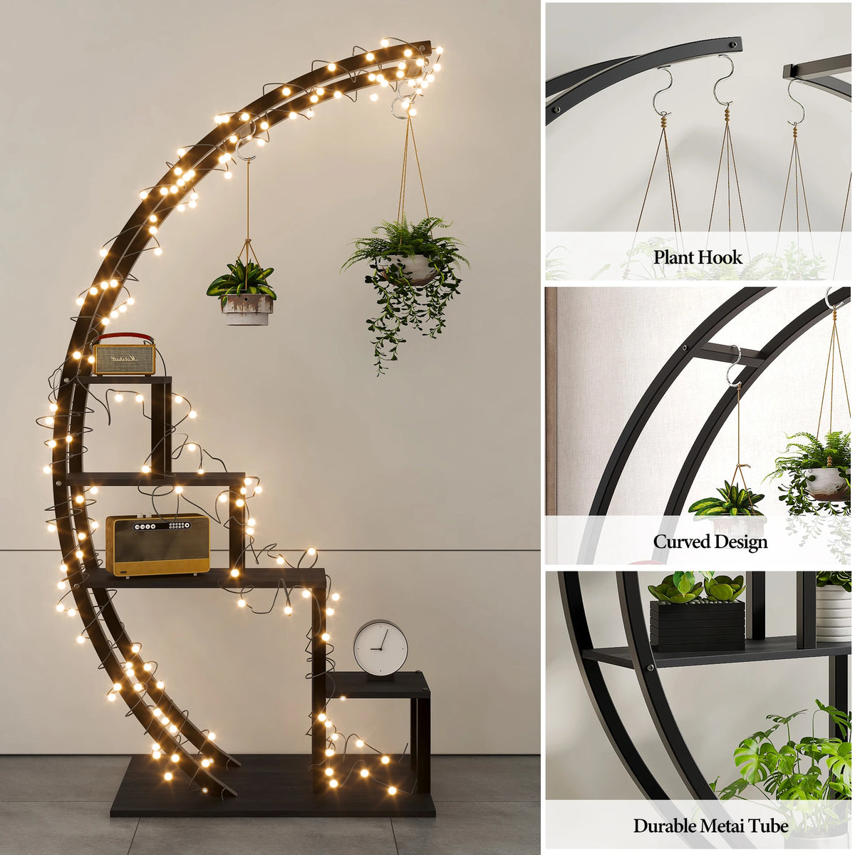 HiMISS 5 Tier Metal Plant Stand With Hanging Hooks