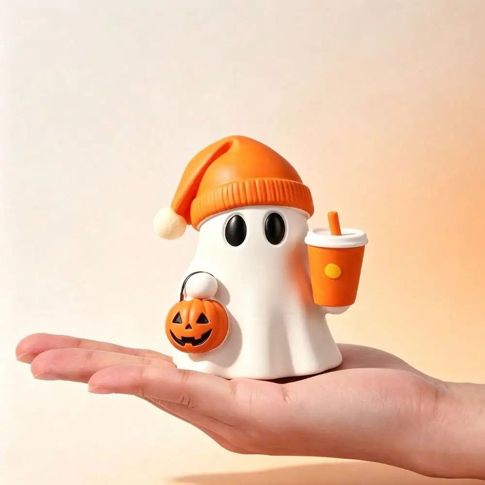 1pc Cute Halloween Ghost Figurine With Pumpkin Bucket And Orange Drink Resin Ghost Desktop Decor, Home Office Bookshelf Coffee Table Halloween Decoration Gift