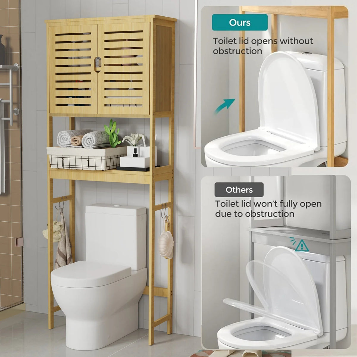 Natural Bamboo Three Tier Over The Toilet Bathroom Rack