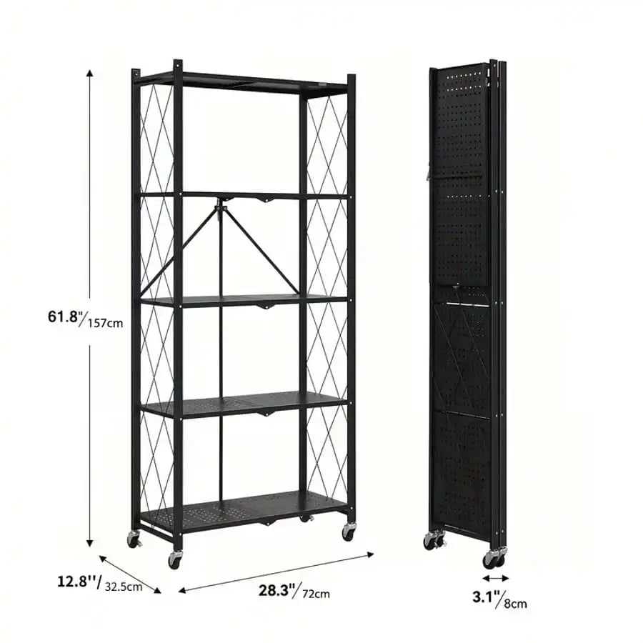 5 Tier Foldable Metal Storage Rack Modern Black Heavy Duty Rolling Utility Shelving Unit Lockable Wheels Collapsible Metal Mesh Bookcase Stand For Garage Kitchen Living Room Office Housewarming Gift