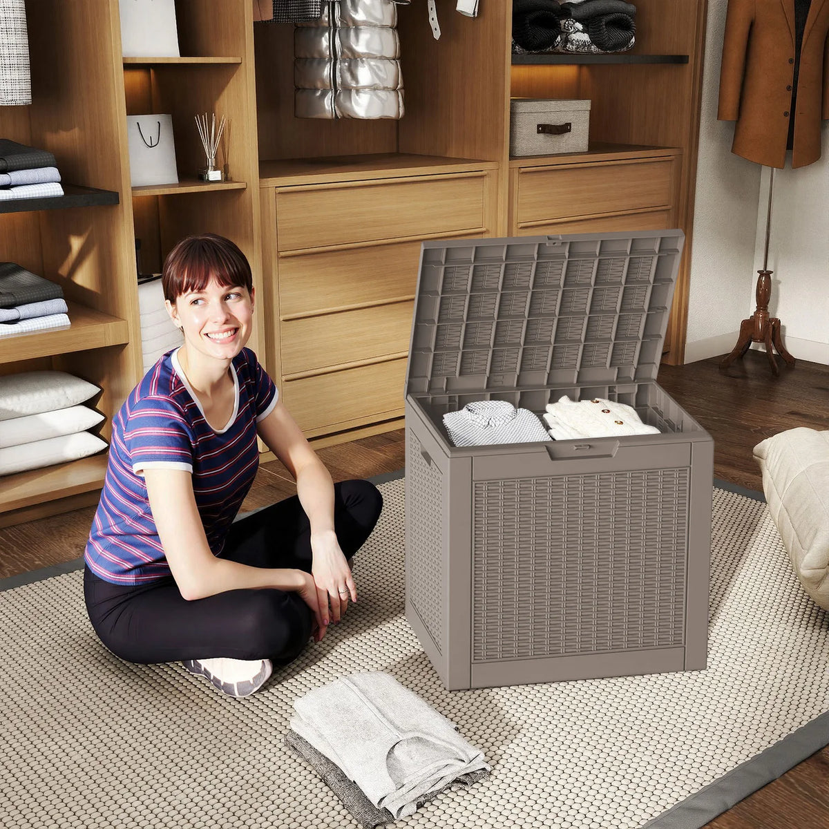 30 GAL Outdoor Deck Storage Box, Wicker Pattern Resin Patio Bin for Small Tools & Accessories