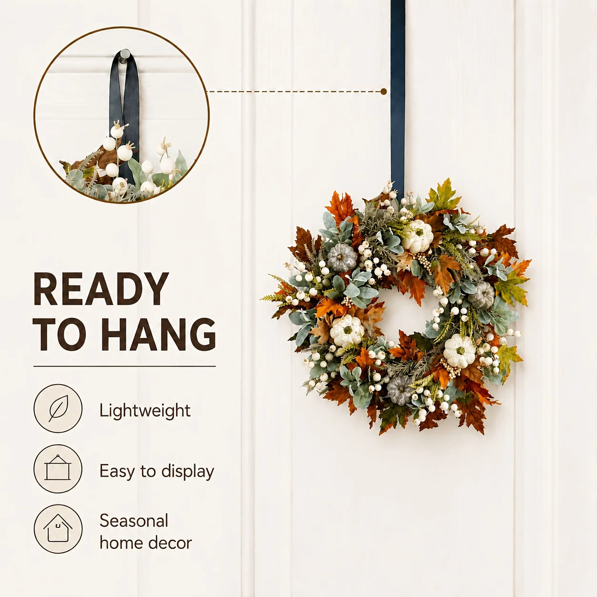 Artificial Peony And Pumpkin Farmhouse Autumn Wreath With Berries