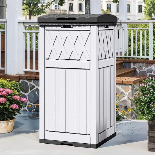 Uforic 31 Gallon Large Outdoor Trash Bin Waterproof Resin Garbage Can with Lid & Drip Tray Waste Containerf Porch Backyard White