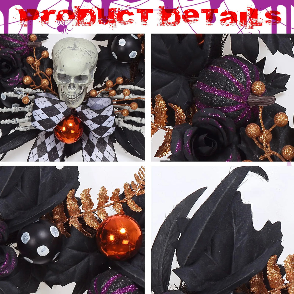 HiMISS Gothic Halloween Skeleton Wreath With Skull Hands