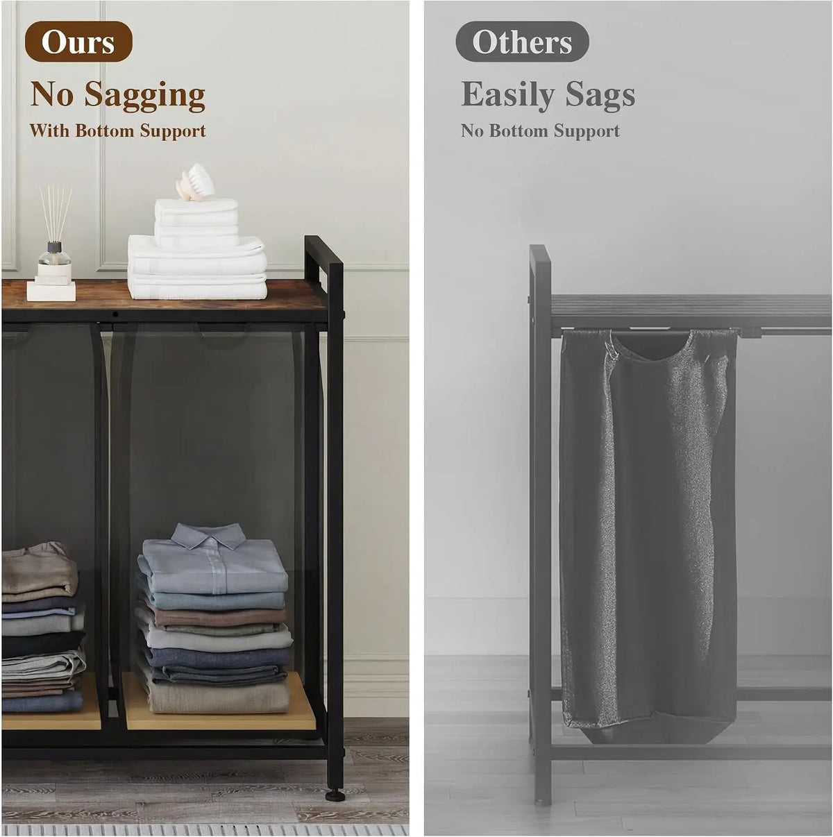 Laundry Sorter 2 Section, Laundry Hamper with Shelf, 97L Laundry Basket with Shelf, Removable Bags, Pockets, for Laundry Room, Bathroom & Bedroom, Rustic Brown and Black