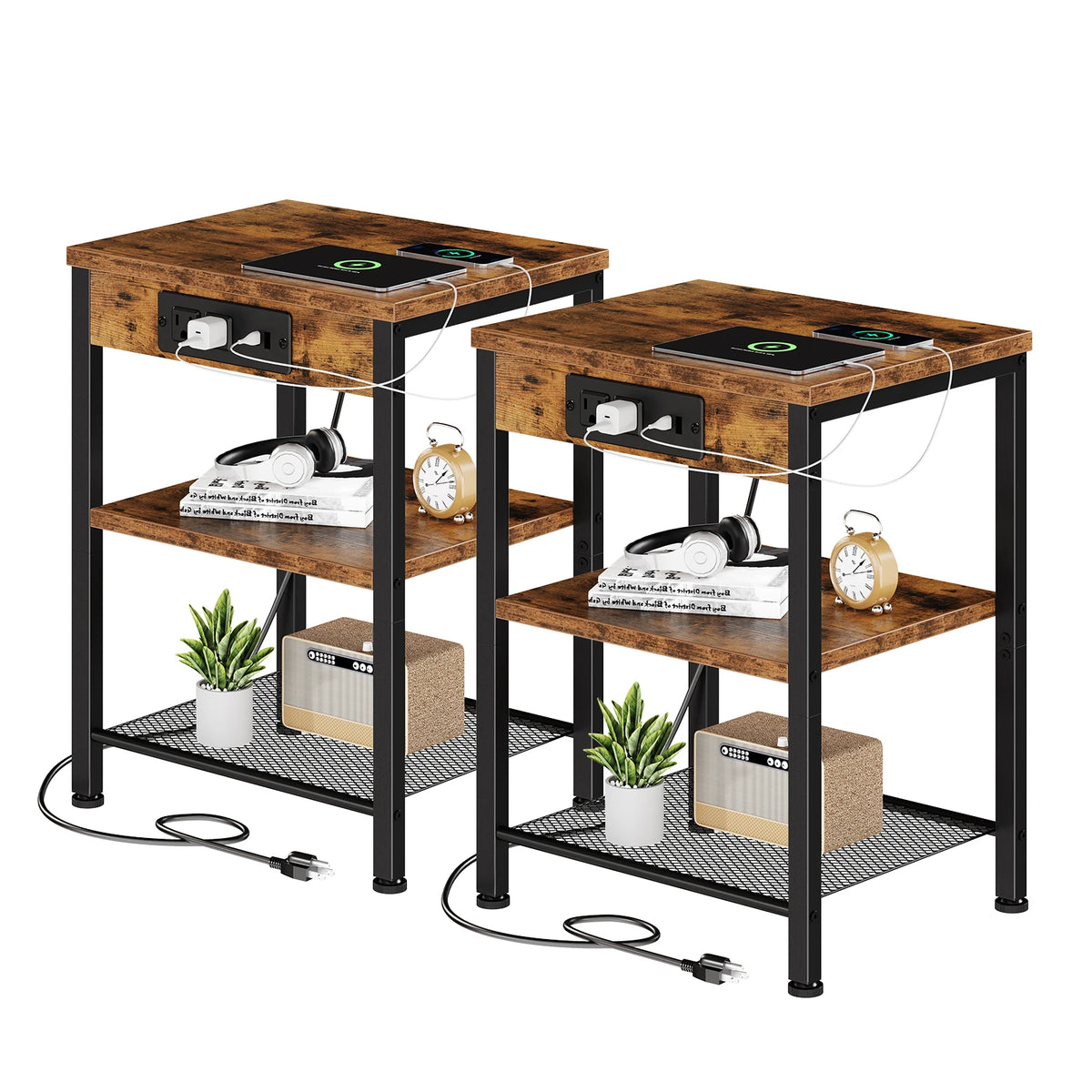 JHK 3 Tier Wood Side Table With USB Charging Station
