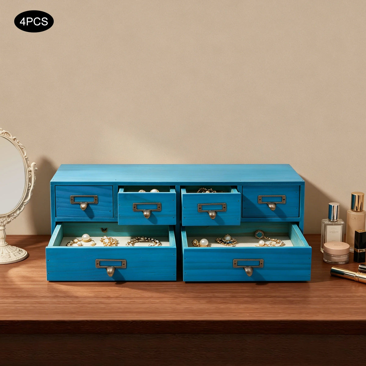 Wood Steel 6 Drawer Storage Box Organization Station, Blue Desk Organizer for Office Home Kitchen Supplies