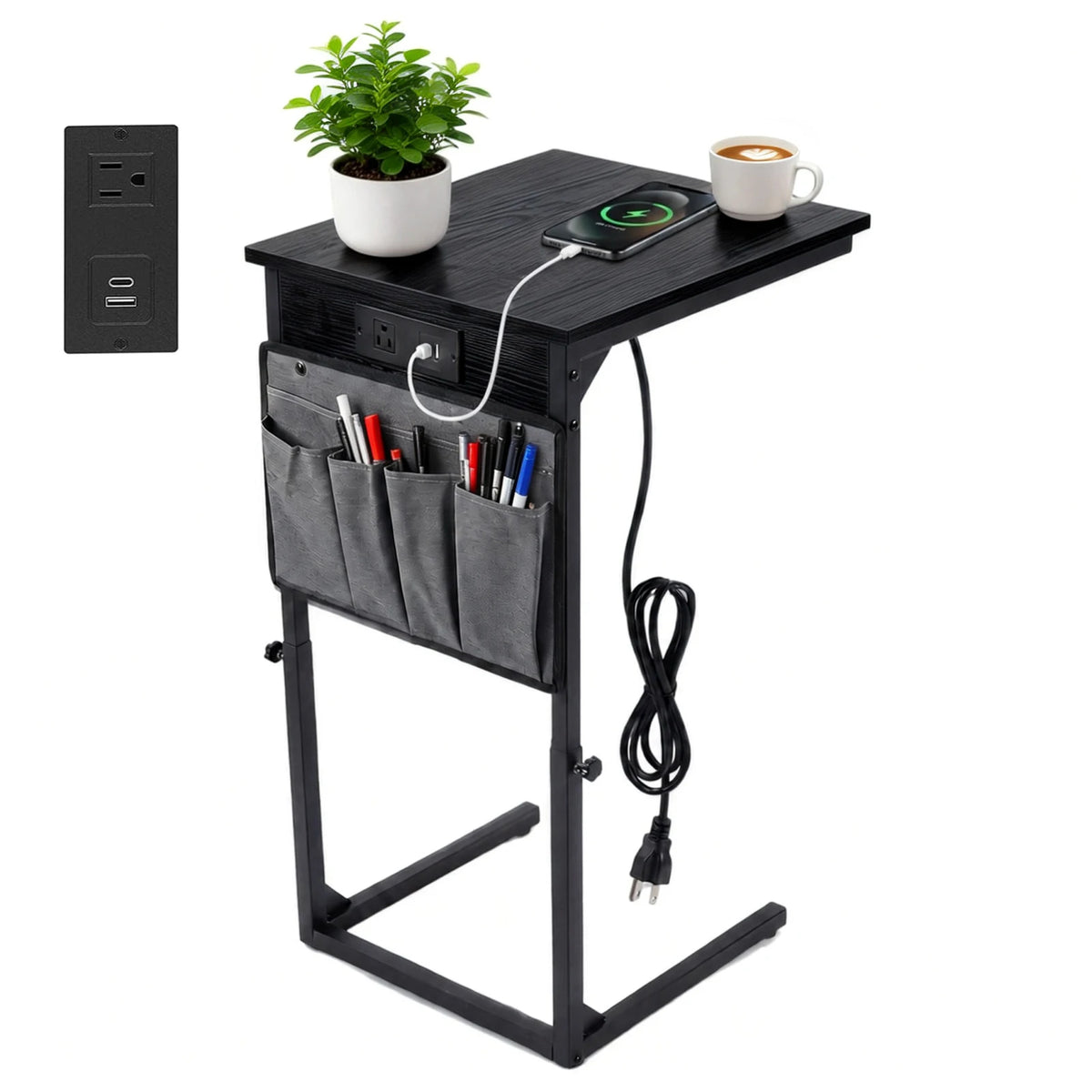 HiMISS Adjustable C Shaped End Table With Charging Station