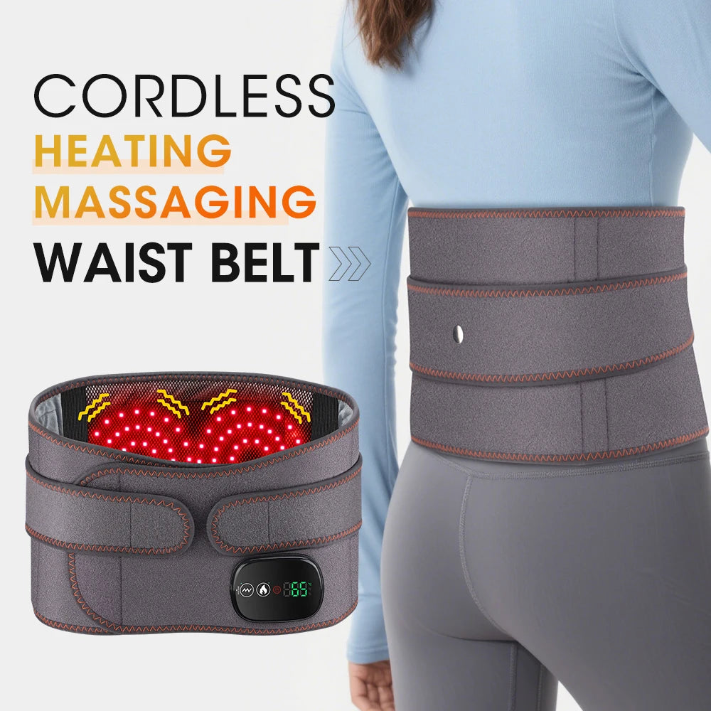 Electric Heated Waist Massage Belt with Vibration, 3 Temperature & 3 Intensity Levels, Red Light Waist Back Support Belt, 5000mAh Rechargeable Lumbar Wrap