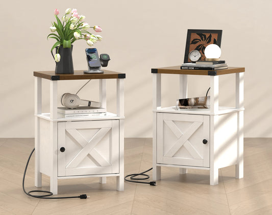 Evokeden Rustic Wood Nightstand With Charging Station
