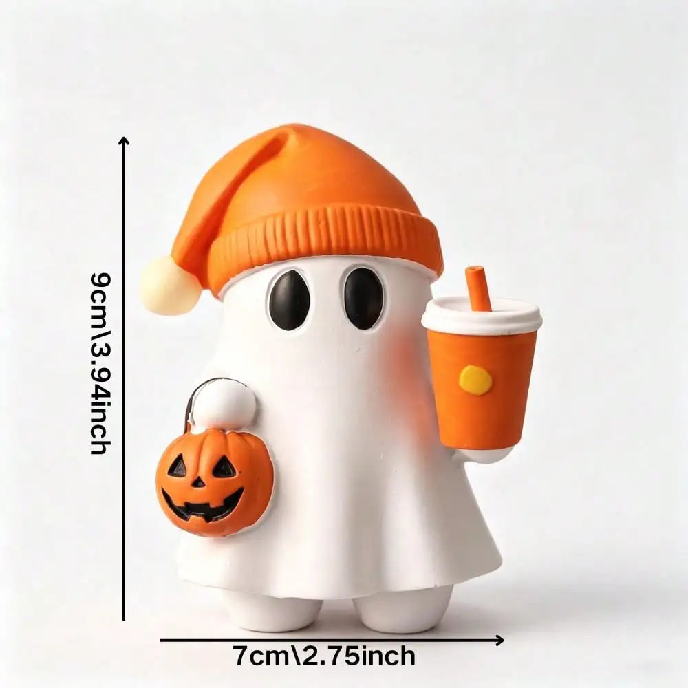 1pc Cute Halloween Ghost Figurine With Pumpkin Bucket And Orange Drink Resin Ghost Desktop Decor, Home Office Bookshelf Coffee Table Halloween Decoration Gift