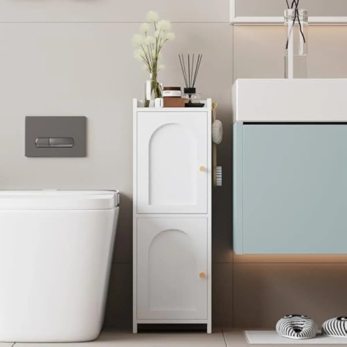Rattan Clad Compact Bathroom Cabinet With Dual Doors