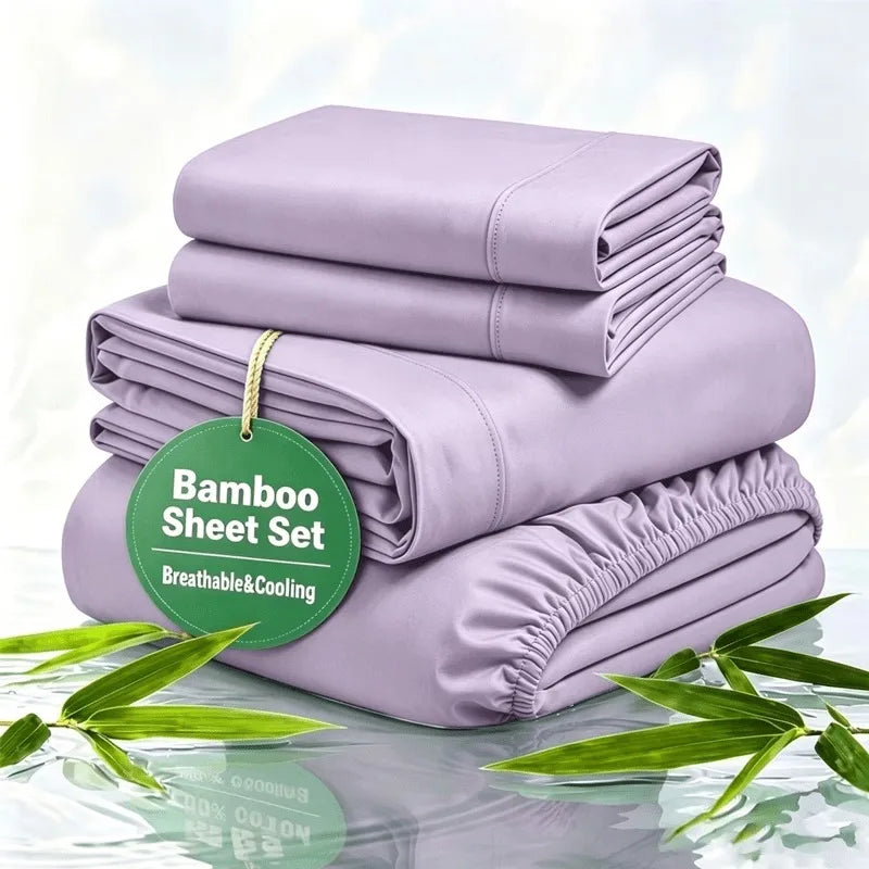 Cooling Bamboo Rayon Bed Sheet Set for Hot Sleepers, 2200 Thread Count Ultra Soft Silky Moisture Wicking Bedding Set, Deep Pocket Fitted Sheet Wrinkle & Fade Resistant Sheets with Pillowcases, Multiple Colors, Available in Tw