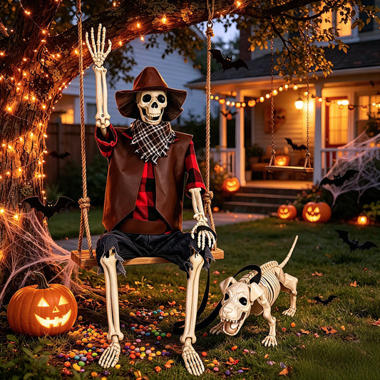 Posable Cowboy Skeleton And Dog Halloween Decorations