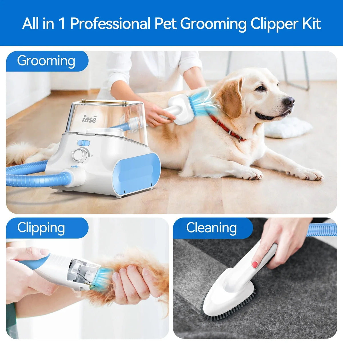 INSE P30 Dog Grooming Vacuum Ultra-Low Noise Pet Grooming Kits with 4.5L Large Capacity Dust Box Pet Clipper for Pet Hair Clean