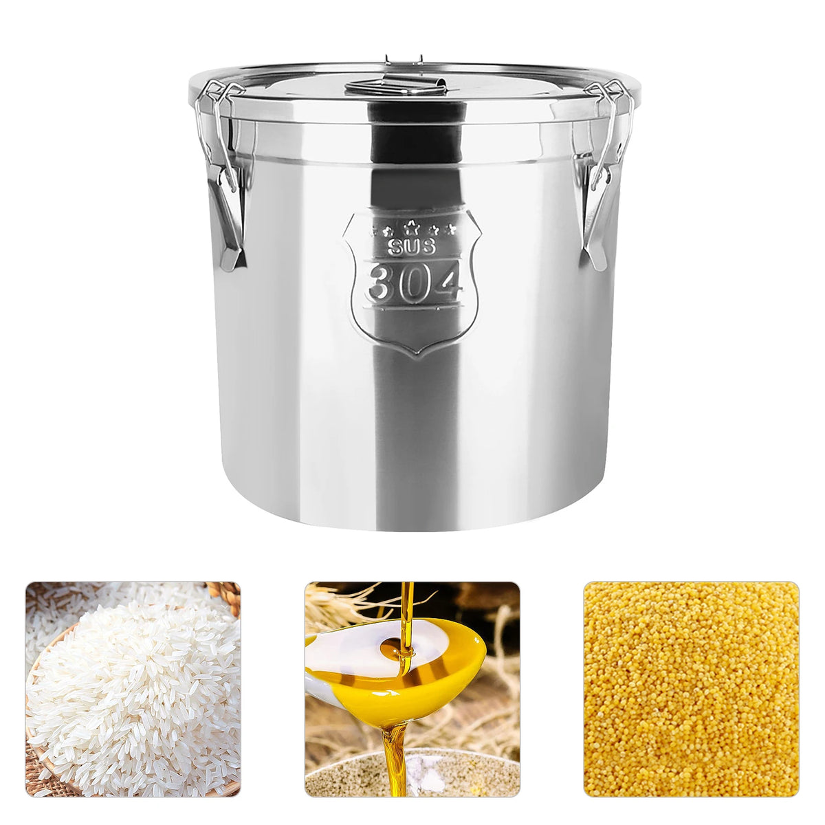 304 Stainless Steel Food Flour Oil Storage Bucket Canister, Silver Rice and Grain Storage Barrel, 6L/1.59gal Storage Bucket w/Handles and Lid