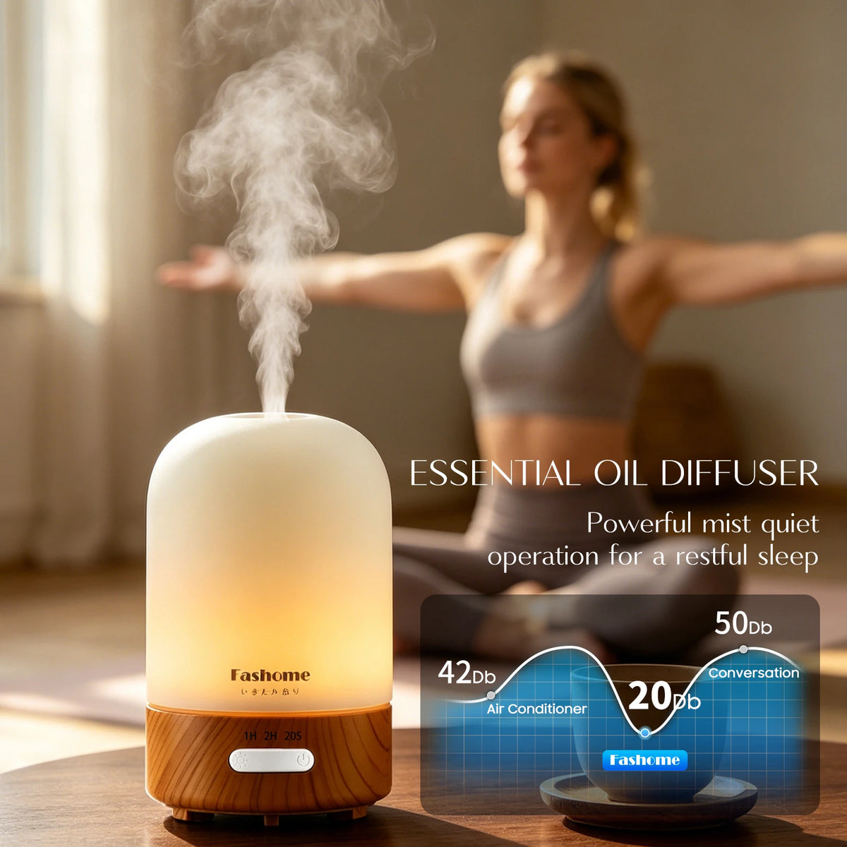 Essential Oil Diffuser, Ultrasonic Aromatherapy Humidifier, Hand Blown Glass Aroma Diffuser, Auto Shut-Off, Warm White Lights, 100ML Capacity Water Tank