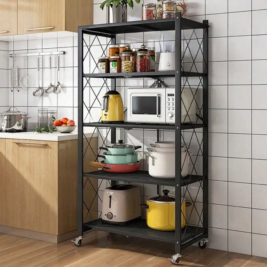 5 Tier Foldable Metal Storage Rack Modern Black Heavy Duty Rolling Utility Shelving Unit Lockable Wheels Collapsible Metal Mesh Bookcase Stand For Garage Kitchen Living Room Office Housewarming Gift