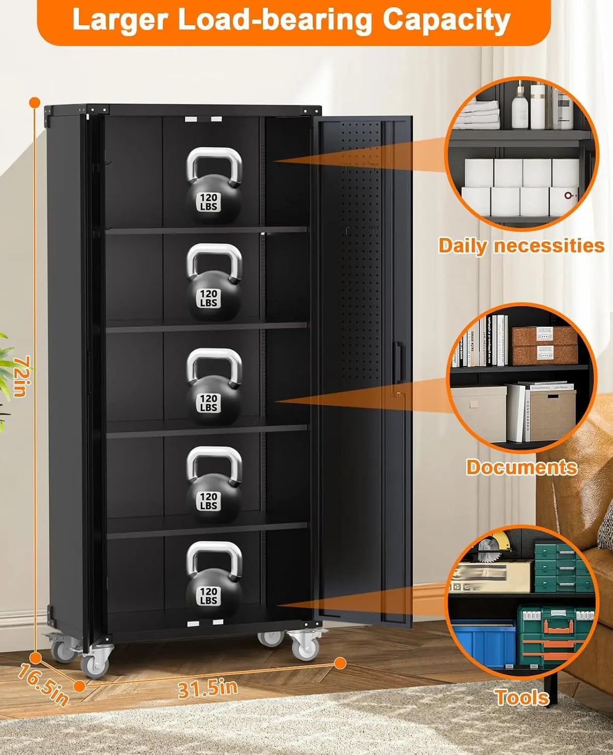 Heavy-Duty Metal Storage Cabinet with Wheels 72Inch Lockable Garage Cabinet with 4 Adjustable Shelves & Pegboard 600 lb Capacity, Magnetic Lock for Home, Garage, Office