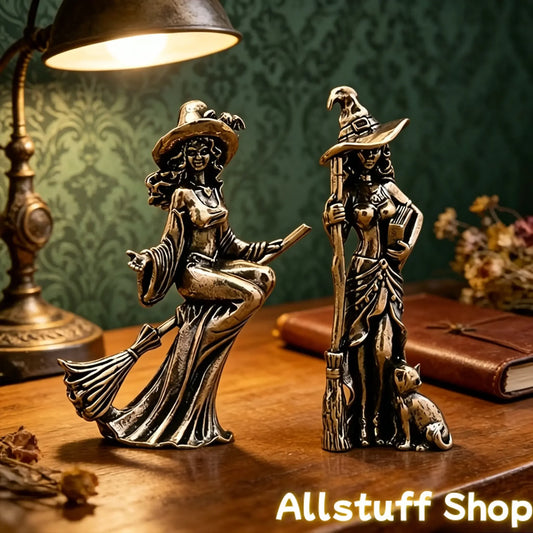 Gothic Witch Sculpted Figurine Pair With Bat Pattern Hats