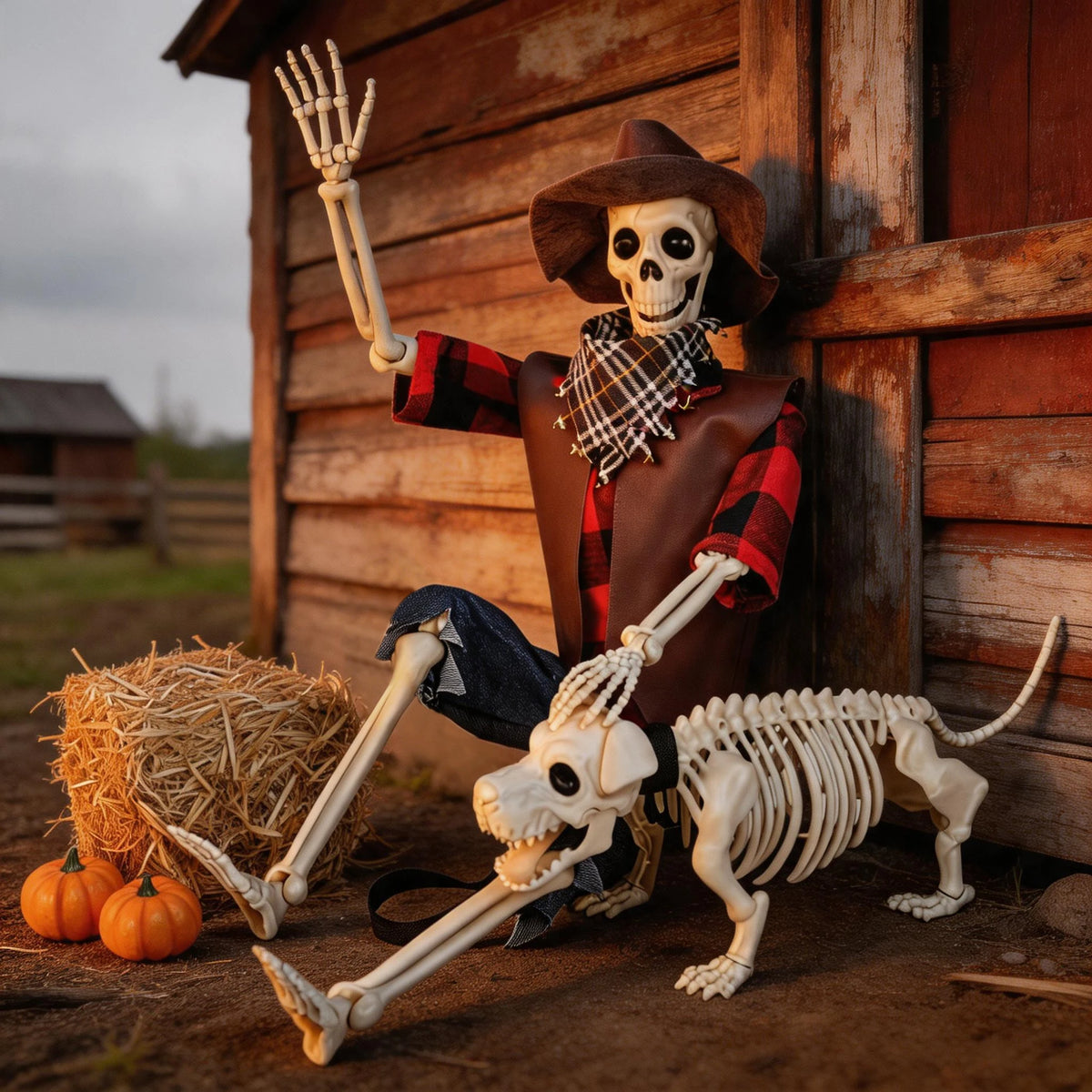 Posable Cowboy Skeleton And Dog Halloween Decorations