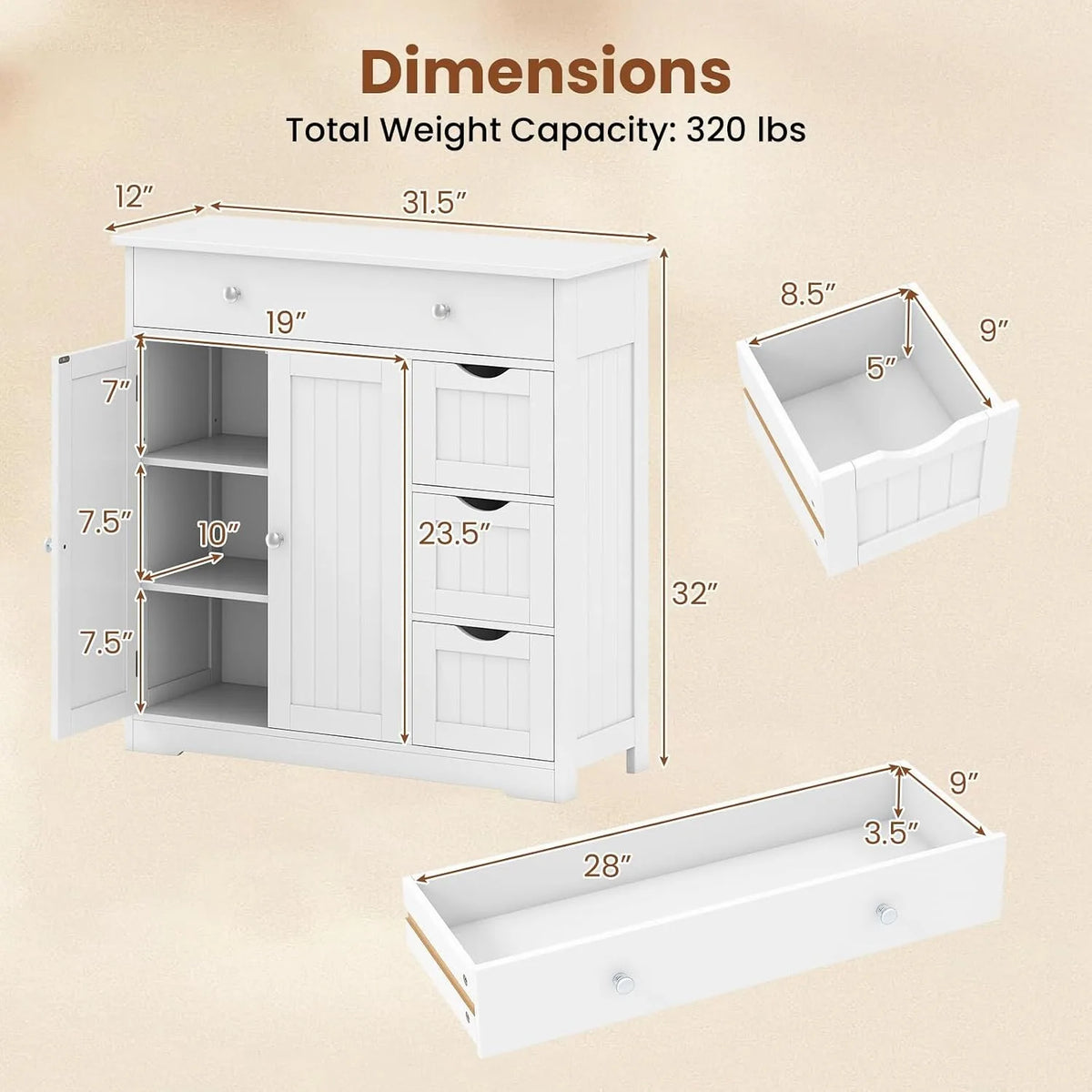 Bathroom Floor Cabinet, 4 Drawers, 2 Doors Cabinet (Off White)