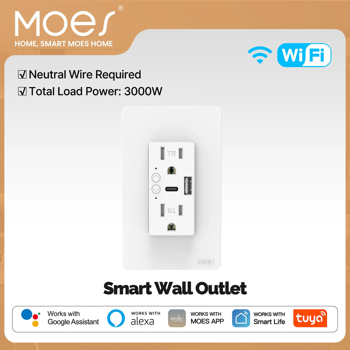 MOES Tuya WiFi Smart Wall Outlet US Electrical Socket USB Type-C Port Plug APP Remote Voice Control Work with Alexa Google Home