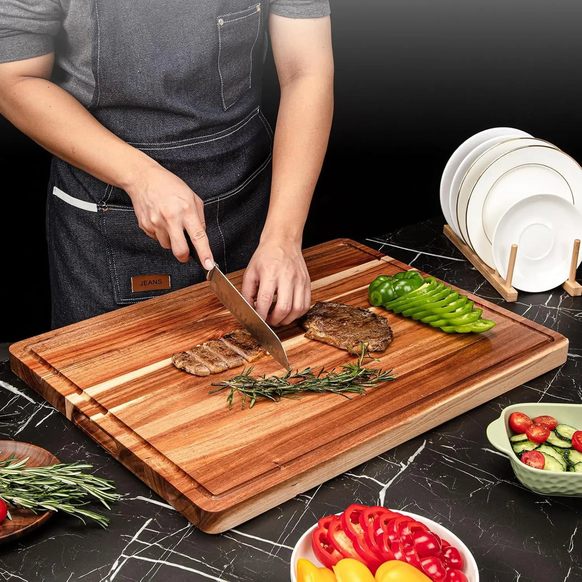 Twister.Ck Reversible Wooden Cutting Board with Juice Groove and Handle