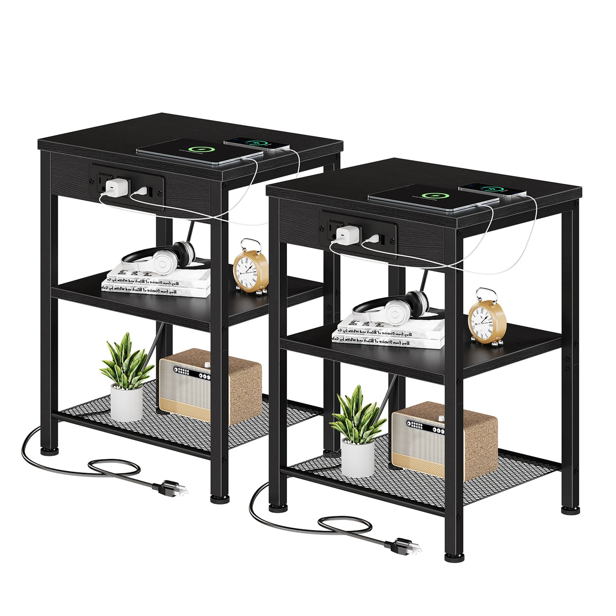 JHK 3 Tier Wood Side Table With USB Charging Station