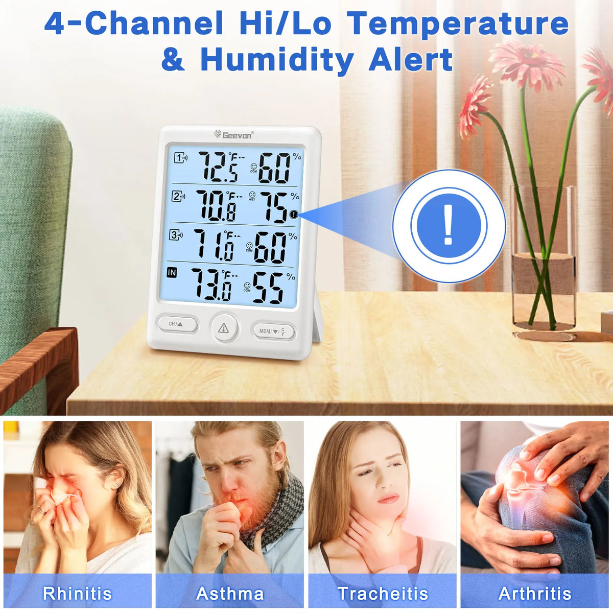 Geevon Wireless Indoor Outdoor Thermometer With Three Remote Sensors