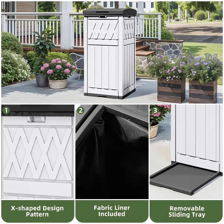 Uforic 31 Gallon Large Outdoor Trash Bin Waterproof Resin Garbage Can with Lid & Drip Tray Waste Containerf Porch Backyard White
