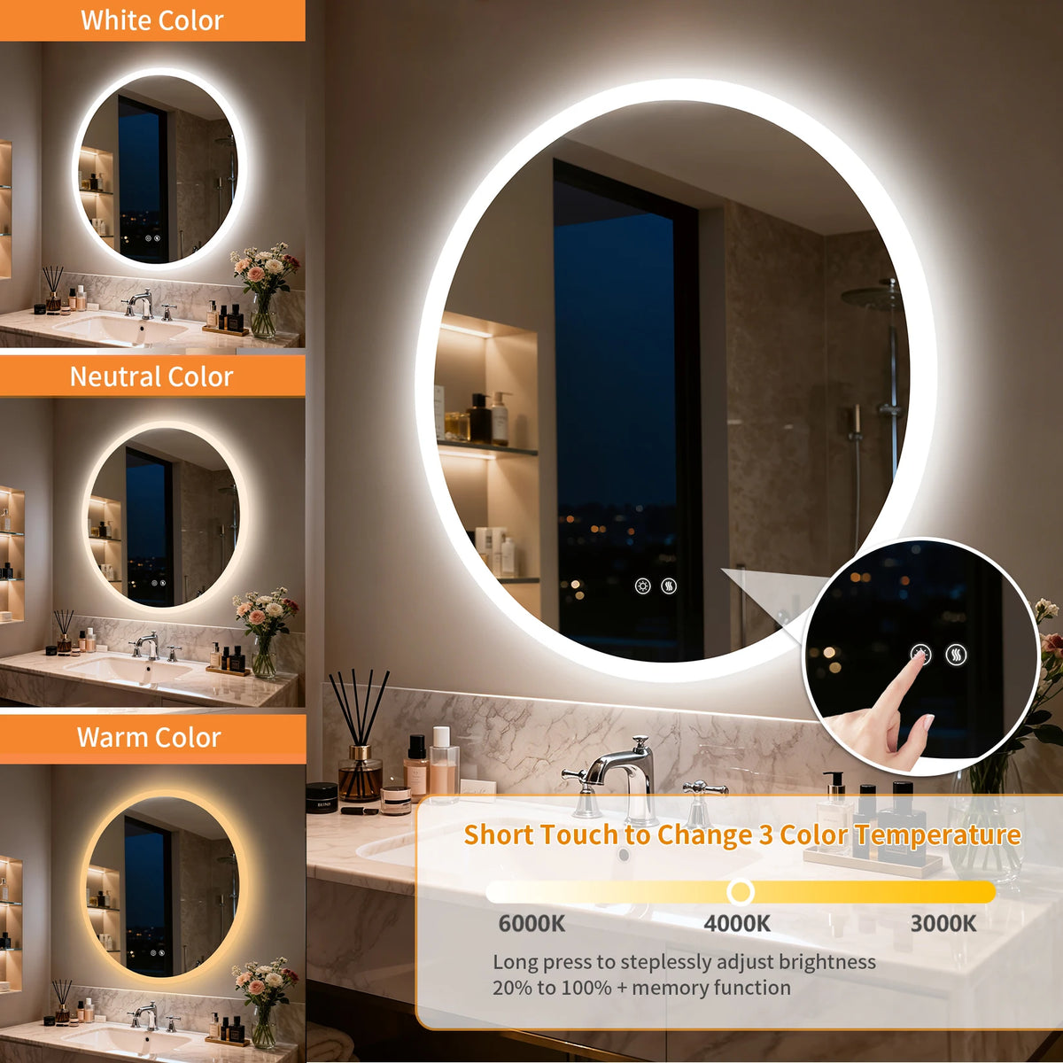 Round LED Bathroom Vanity Mirror With Anti Fog Dimming
