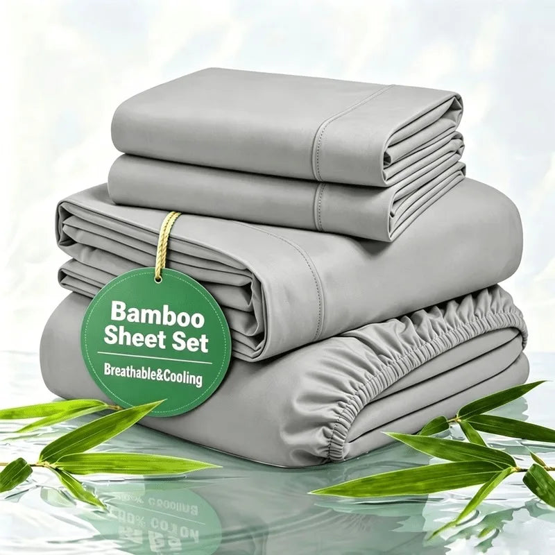 Cooling Bamboo Rayon Bed Sheet Set for Hot Sleepers, 2200 Thread Count Ultra Soft Silky Moisture Wicking Bedding Set, Deep Pocket Fitted Sheet Wrinkle & Fade Resistant Sheets with Pillowcases, Multiple Colors, Available in Tw