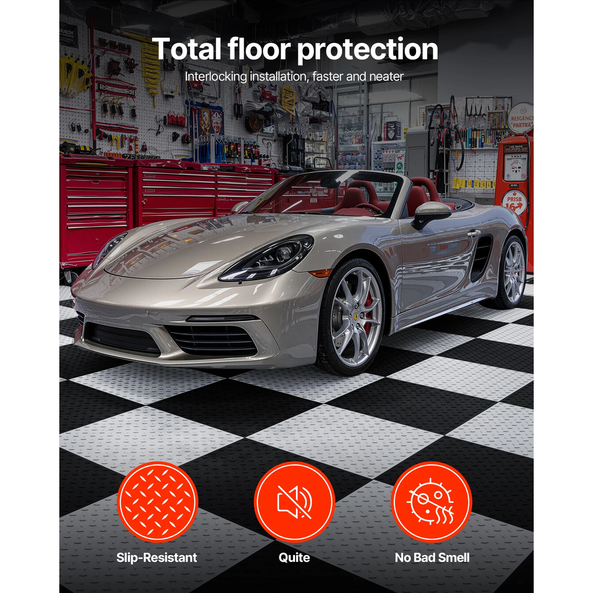 SucceBuy Garage Floor Tiles Interlocking 8 Pack/16 Pack Diamond Plate Slip-Resistant PVC Mats for Workshop Warehouse Tool Room