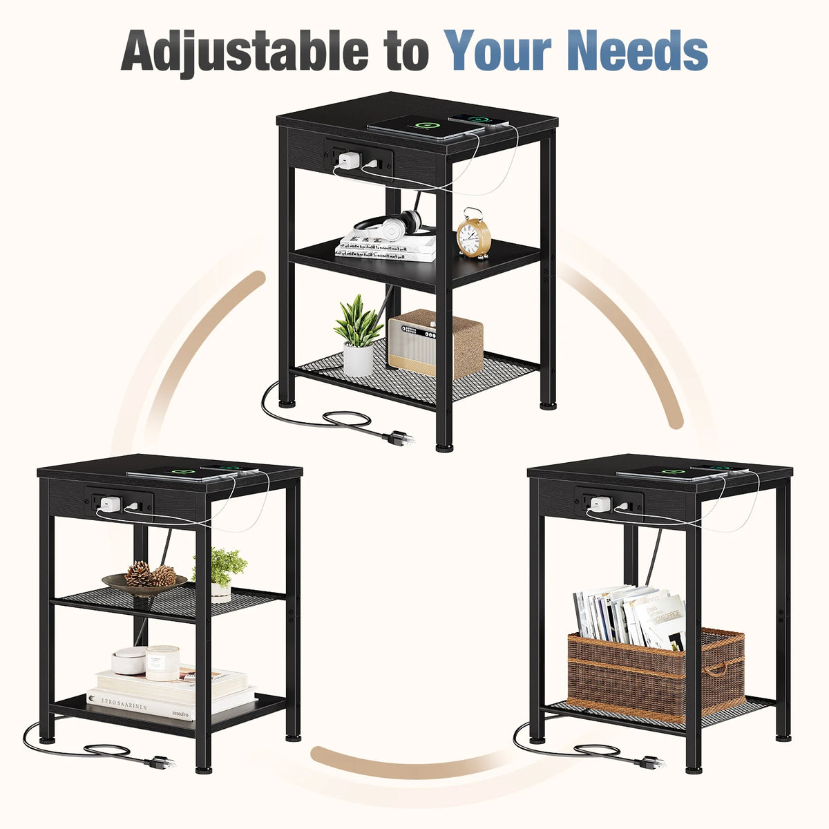 JHK 3 Tier Wood Side Table With USB Charging Station