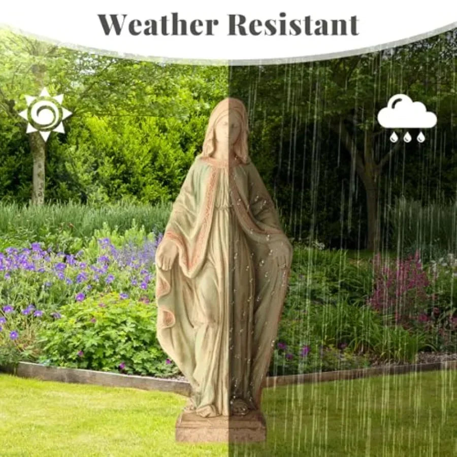 Outdoor garden statue of Virgin Mary, 31.5-inch praying Holy Madonna in weather-resistant resin, white and gold finish, durable