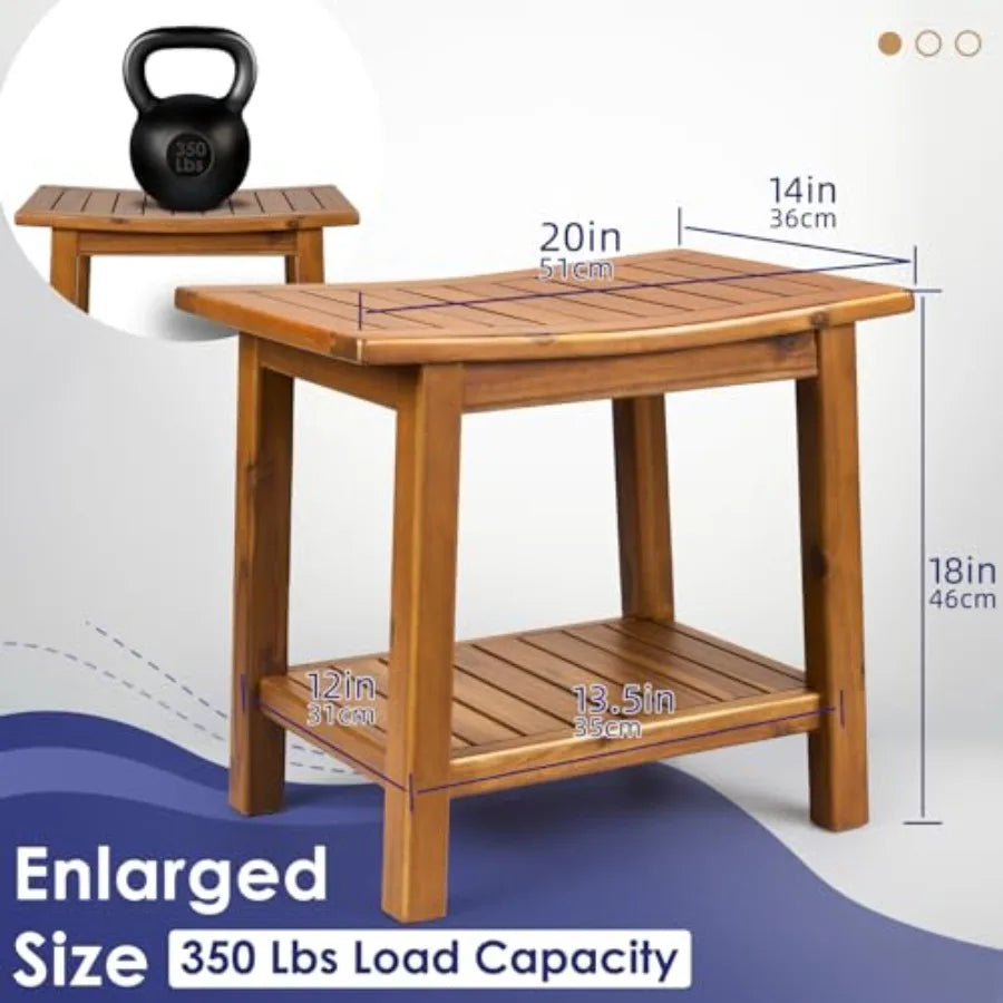 20 Teak Shower Bench with Storage Shelf for Indoor Outdoor Use, Natural Wood Tone, Weather-Resistant Space-Saving Design