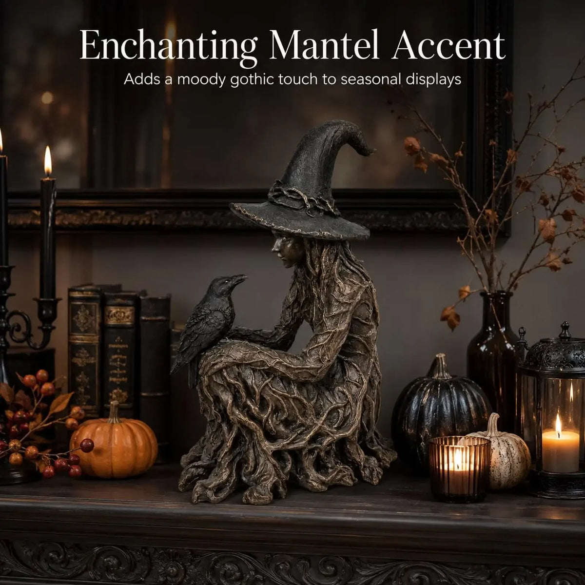 Gothic Witch and Crow Mystical Home Decor Statue Figurine