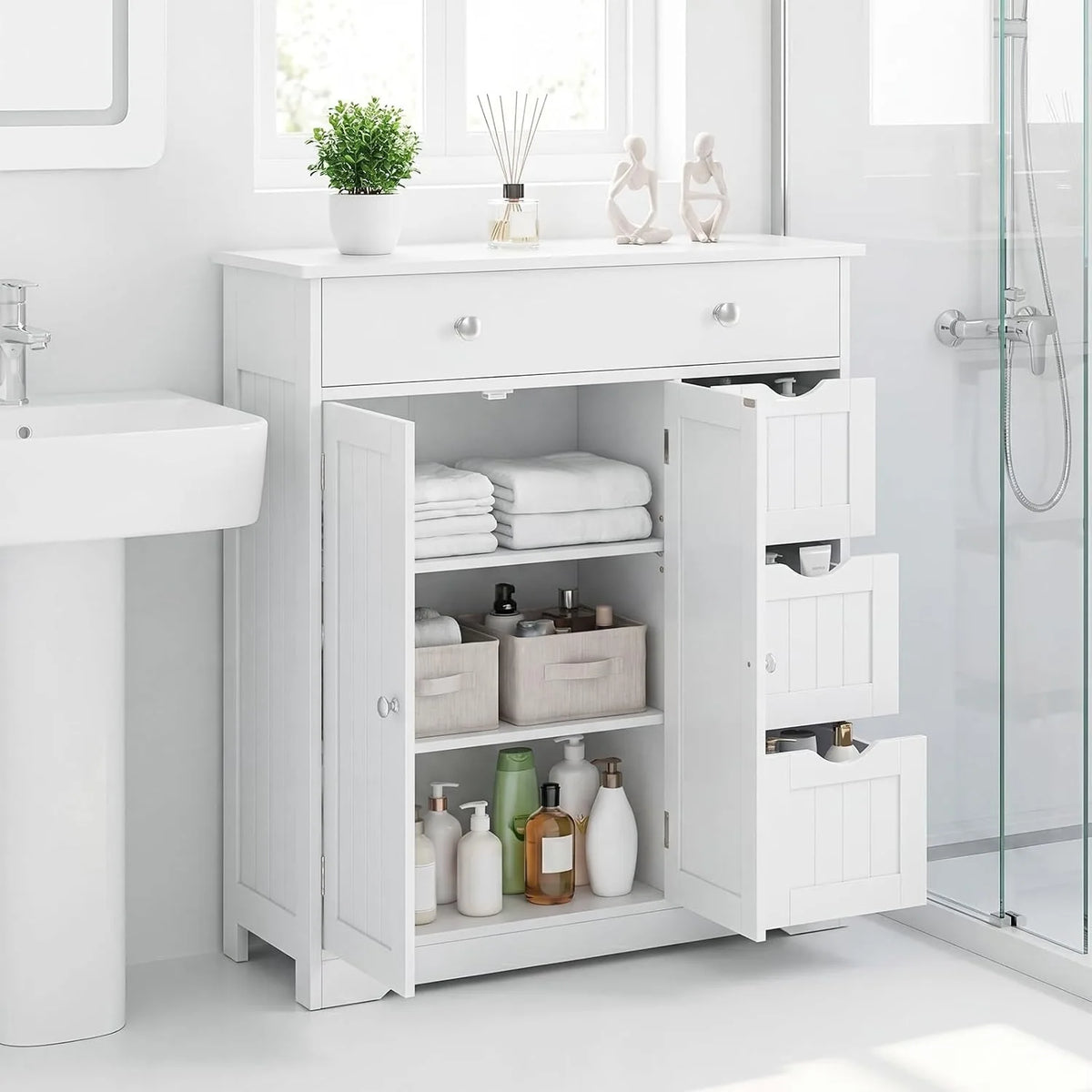 Bathroom Floor Cabinet, 4 Drawers, 2 Doors Cabinet (Off White)