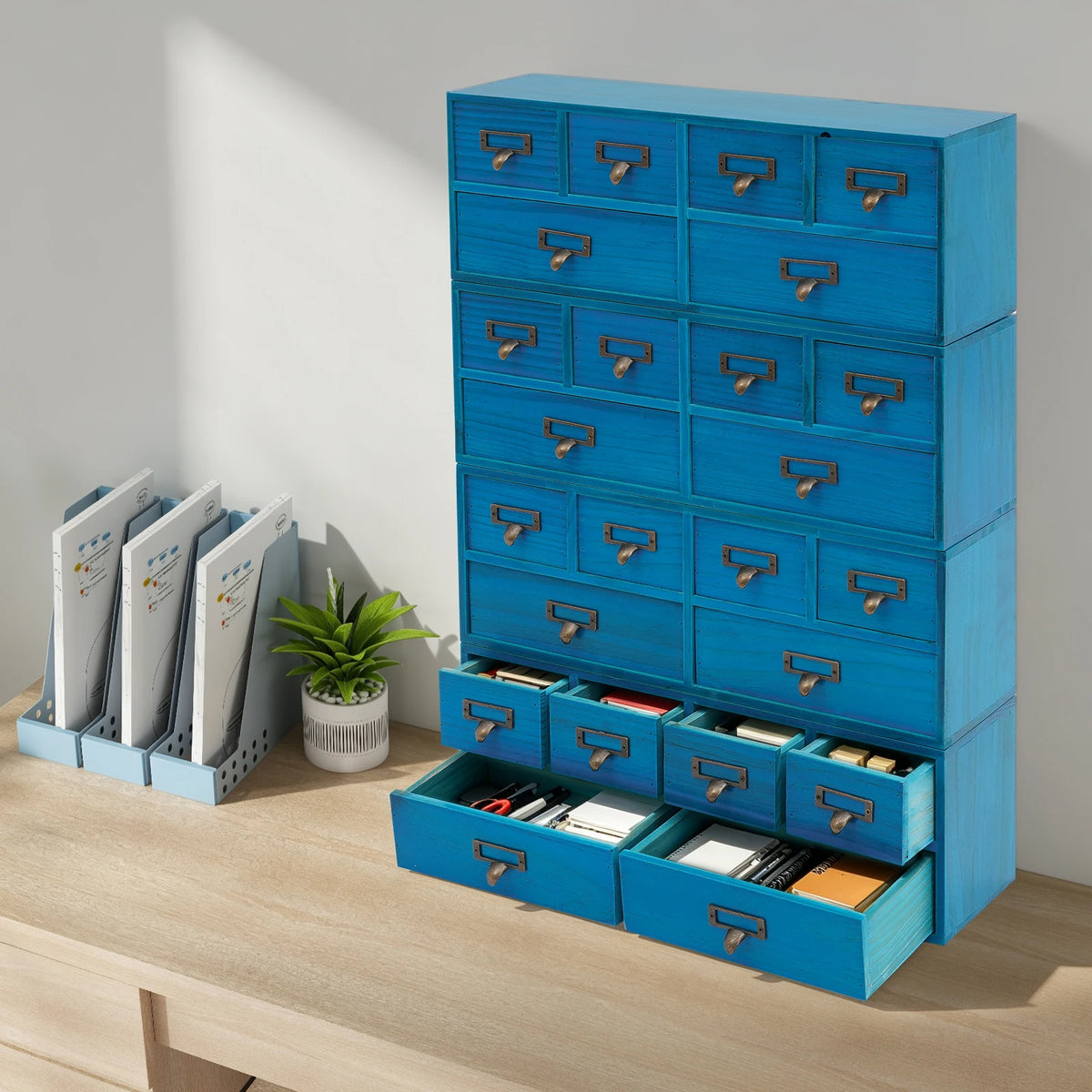 Wood Steel 6 Drawer Storage Box Organization Station, Blue Desk Organizer for Office Home Kitchen Supplies