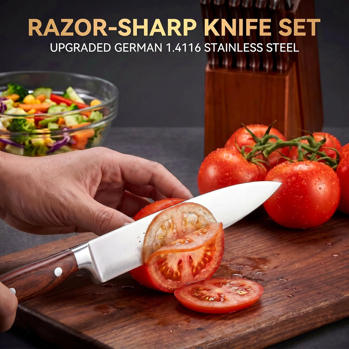 Kitchen Knife Set With Sharpener And Wooden Storage Block