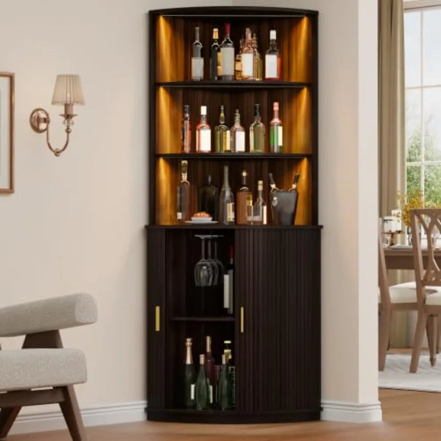 Corner Bar Cabinet With LED Lighting And Wine Glass Holder