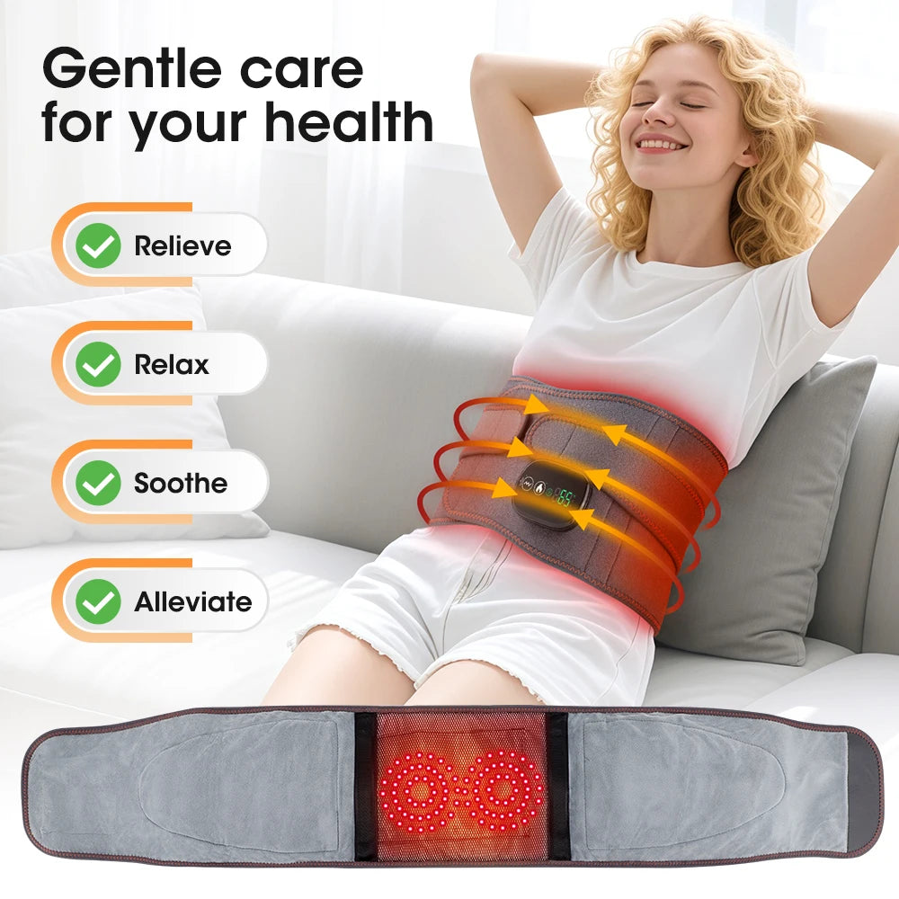 Electric Heated Waist Massage Belt with Vibration, 3 Temperature & 3 Intensity Levels, Red Light Waist Back Support Belt, 5000mAh Rechargeable Lumbar Wrap