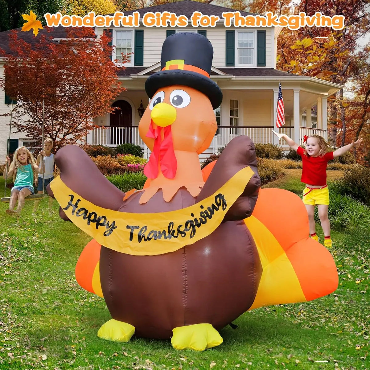 SHXI Inflatable Thanksgiving Turkey With Pilgrim Hat And LED Lights