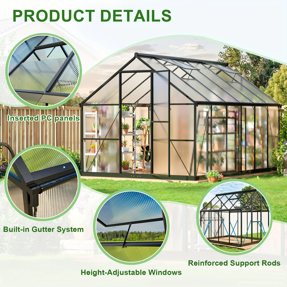VIWAT UV Protected Polycarbonate Greenhouse With Aluminum Frame