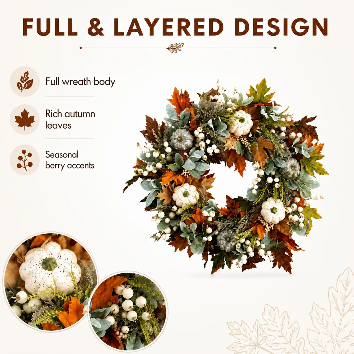 Artificial Peony And Pumpkin Farmhouse Autumn Wreath With Berries