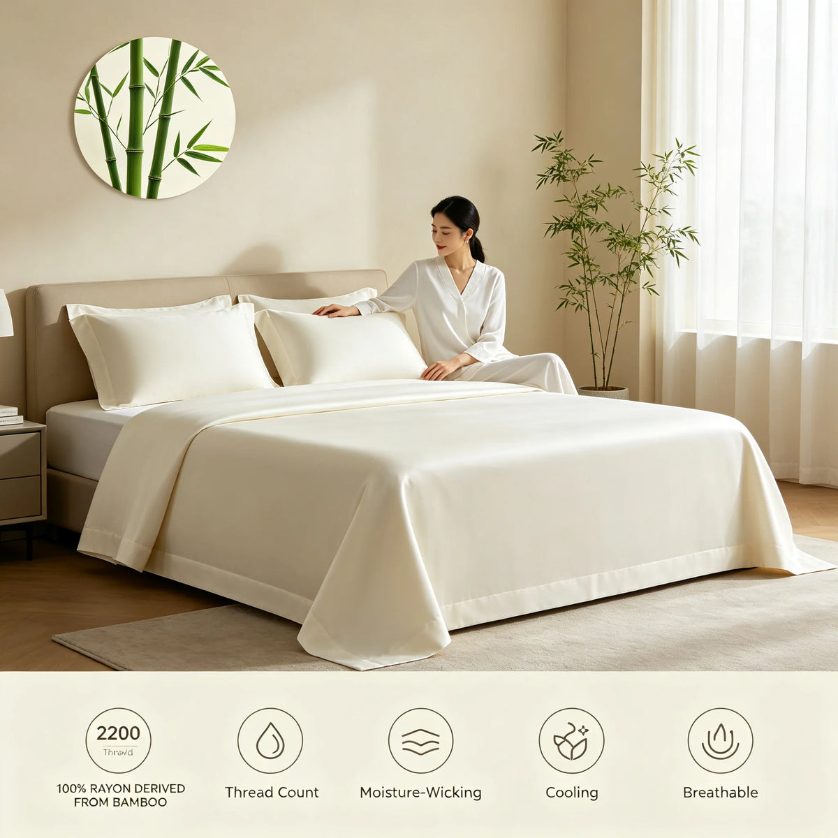 Cooling Bamboo Rayon Bed Sheet Set for Hot Sleepers, 2200 Thread Count Ultra Soft Silky Moisture Wicking Bedding Set, Deep Pocket Fitted Sheet Wrinkle & Fade Resistant Sheets with Pillowcases, Multiple Colors, Available in Tw