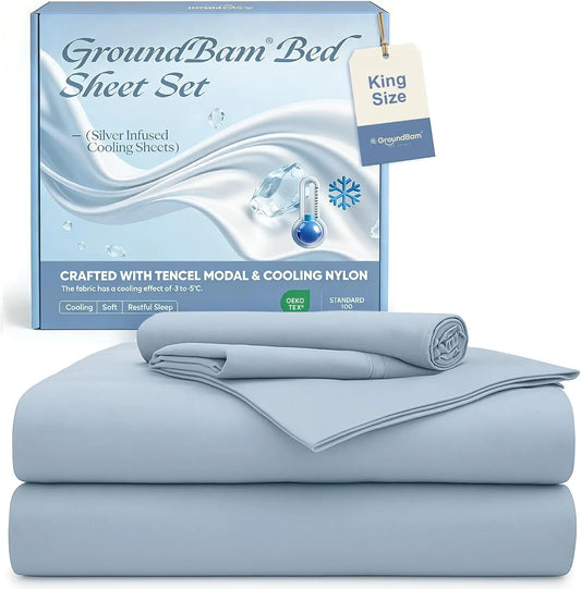 Silver Infused Bed Sheets Set, Cooling Tencel Modal Sheet with Self-Cleaning Technology for 3X Freshness Sleep, Hypoallergenic & Breathable Sheet Perfect for Hot Sleepers (LightBlue, King)