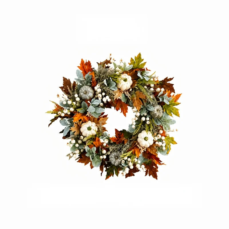 Artificial Peony And Pumpkin Farmhouse Autumn Wreath With Berries