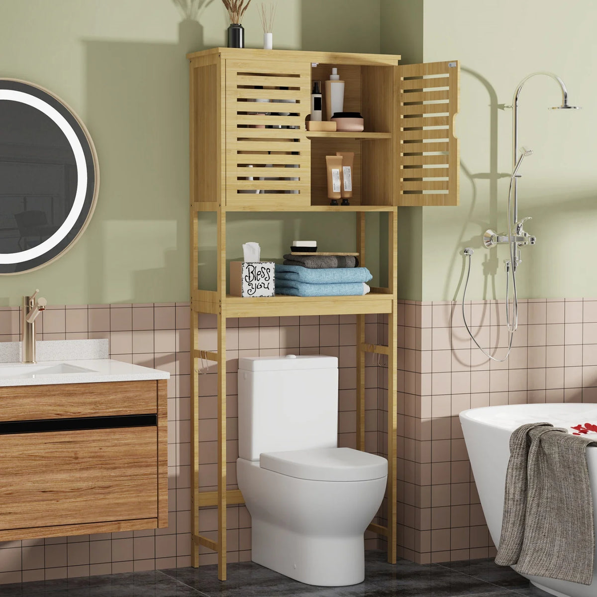 Natural Bamboo Three Tier Over The Toilet Bathroom Rack